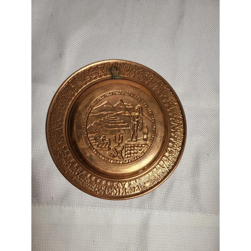 Vtg Mexico Copper Enamel Souvenir Wall Plaque Mayan Aztec Pyramid Hand Painted